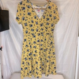 Yellow & Blue Floral Mini Wrap Dress